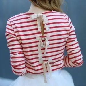 J. Crew Red and White Striped Shimmer Bow Tie Back Top XS